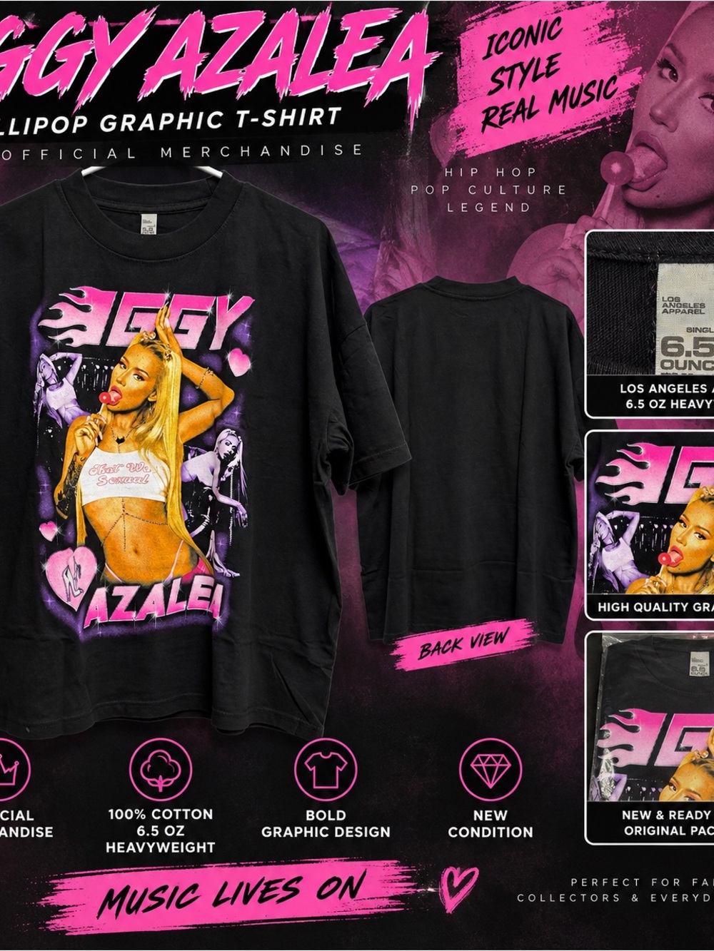 Iggy Azalea Lollipop Graphic T-Shirt Black XL Los Angeles Apparel 6.5 Oz New
